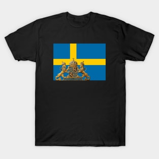 Swedish flag with Swedish coat of arms in foreground. T-Shirt